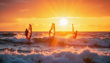 Windsurfers enjoying waves at sunset, thrill and adventure