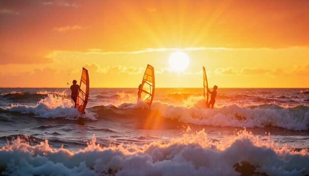 Windsurfers enjoying waves at sunset, thrill and adventure
