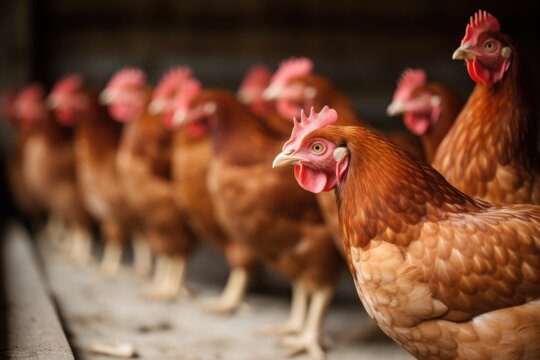 Group of brown hens standing closely together in a barn with a focused view on one hen in the foreground