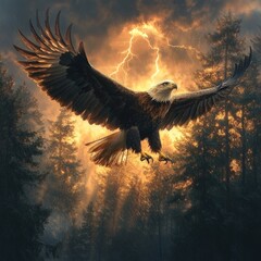 Fototapeta premium Majestic eagle soars, stormy forest backdrop.