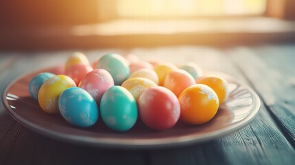 A collection of vibrantly colored, hand-painted Easter eggs rests on a rustic wooden table