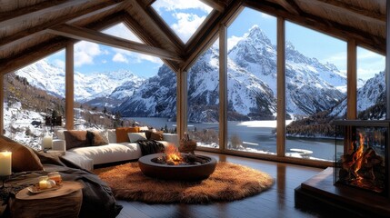 Fototapeta premium Cozy Cabin Interior with Scenic Mountain View and Warm Fireplace in Winter