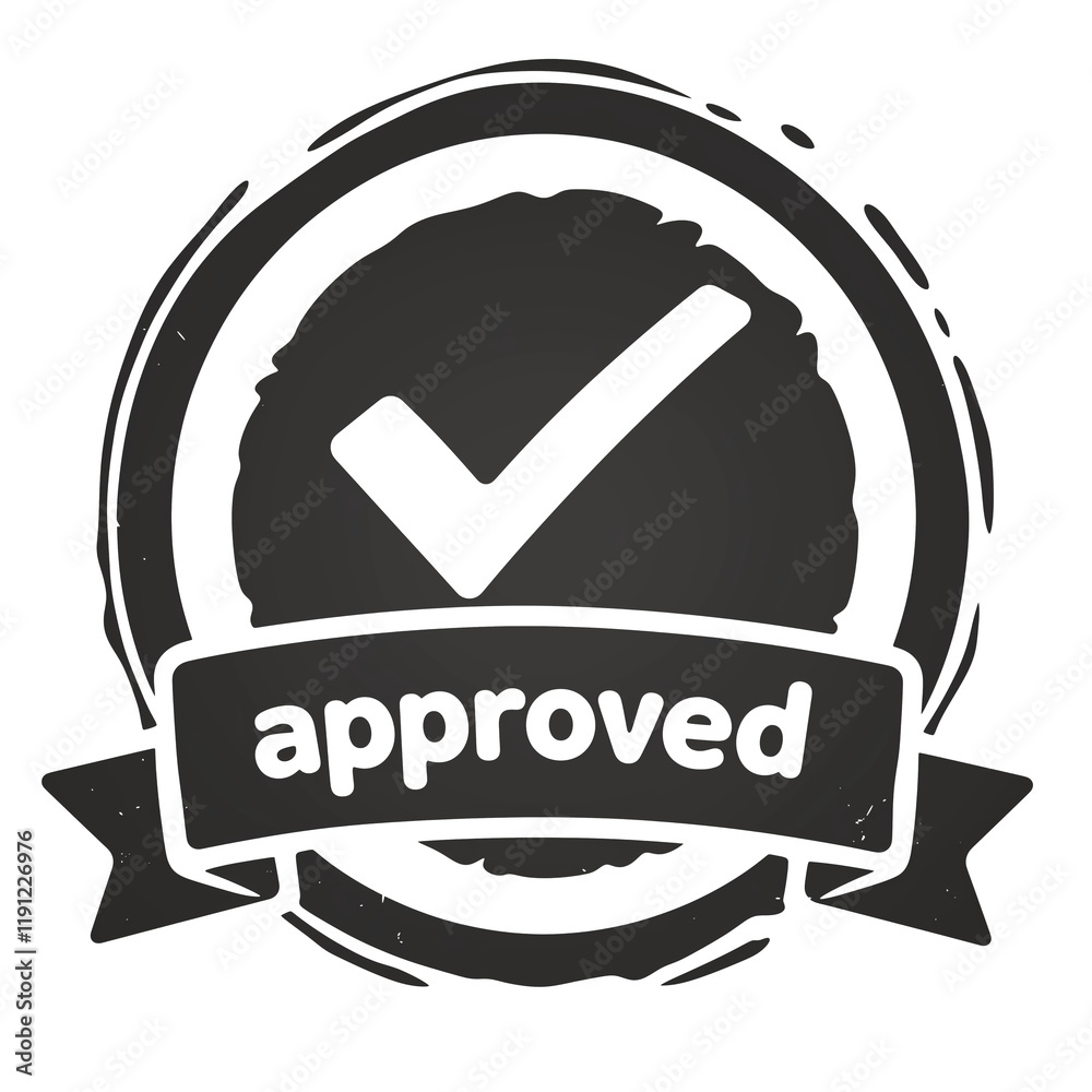 Poster black approved check mark with modern circular design and ribbon banner, symbolizing validation or acceptance, isolated on transparent background