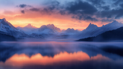 Obraz premium Majestätische Berglandschaft mit farbenfrohem Sonnenuntergang und Wasserreflexion
