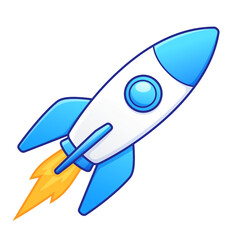 blue and white rocket with lightning bolt decals, emitting fiery orange flame, isolated on transparency background, symbolizing speed and innovation