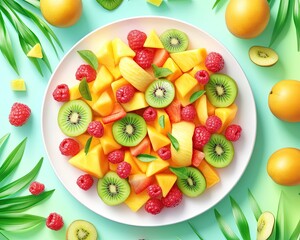 A close-up of a vibrant tropical fruit salad with colorful fruits like mango pineapple and kiwi arranged on a white plate