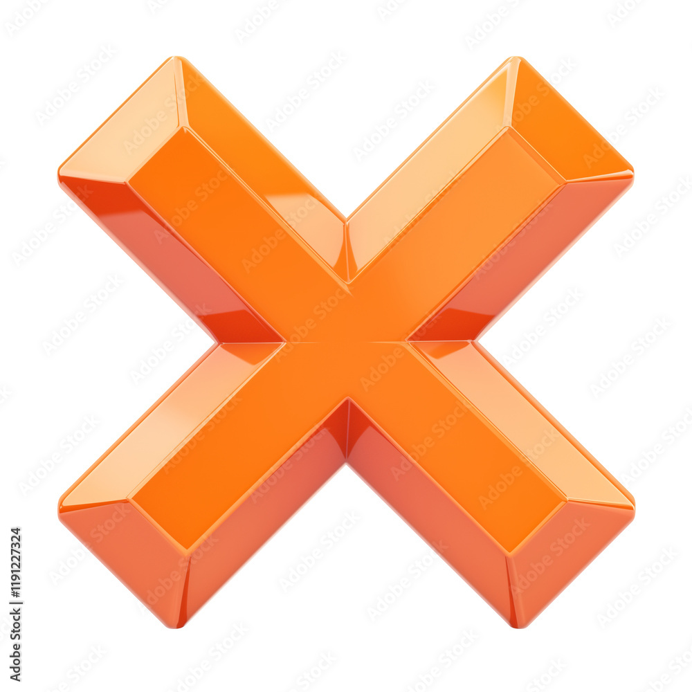 Poster bright orange 3d x mark with metallic detailing, isolated on transparency background, showcasing bol