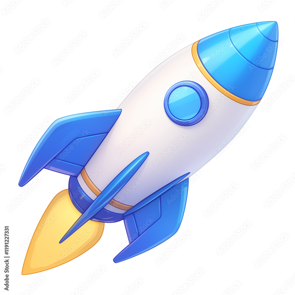 Poster blue and white rocket with metallic finish, featuring sleek fins and glowing yellow flame, isolated 