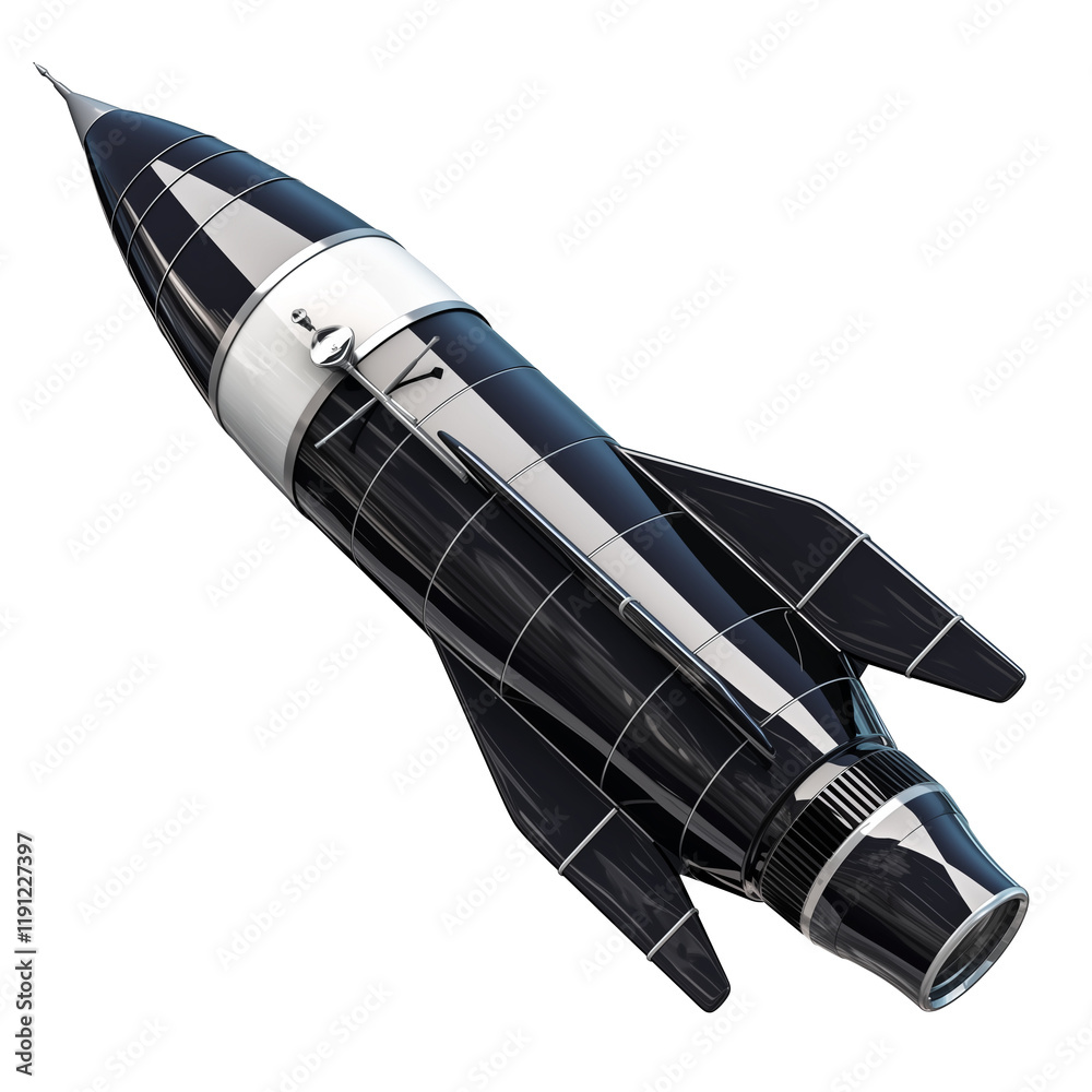Aufkleber chrome rocket with smooth reflective surface, featuring sleek aerodynamic design and isolated on tra
