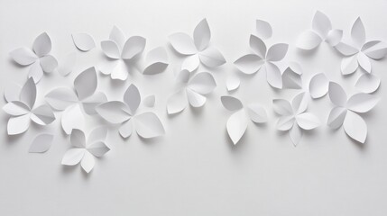 White paper flowers arranged on white background, overhead shot, minimalist design, website banner