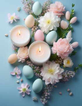 Generated image White candles with pastel Easter eggs and spring flowers on a soft blue background