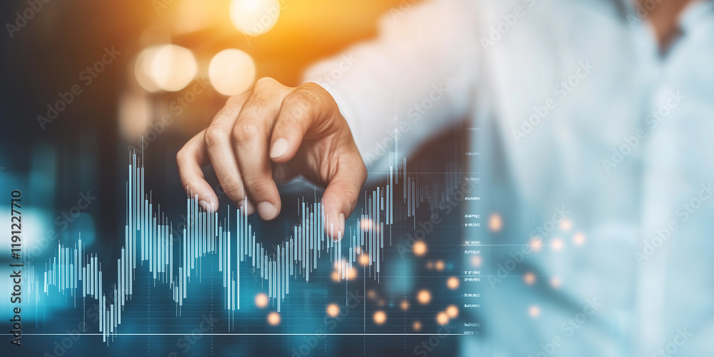 Poster close up of hand interacting with digital financial chart, showcasing data analysis and business gro