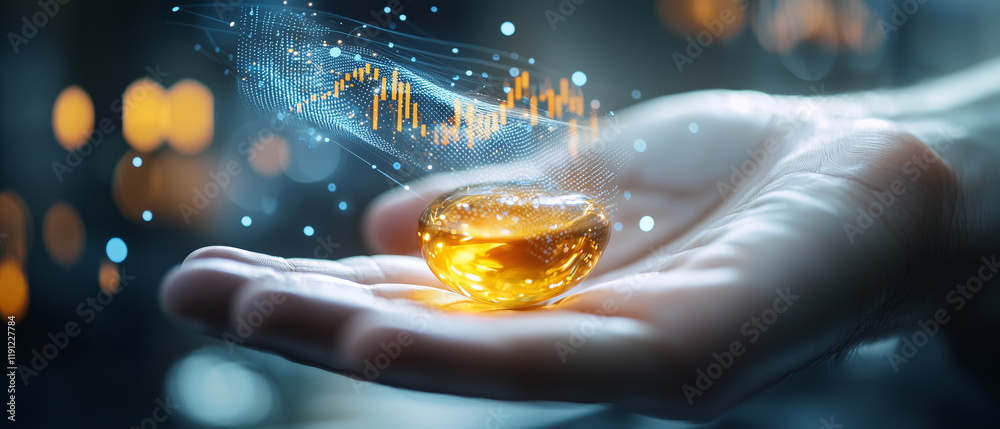 Poster close up of hand holding crude oil with holographic display of financial data and glowing lights, sy