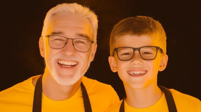 Joyful Grandfather and Grandson in Aprons Smiling Together
