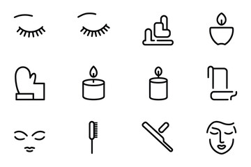 Minimalist Black Line Beauty and Self-Care Icon Set - Eyelashes, Nail, Candle, Mitt, Hair Straightener, and Face