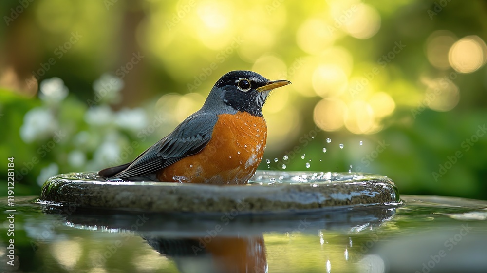 Wall mural American robin bathing in a birdbath, surrounded by lush greenery and soft sunlight.