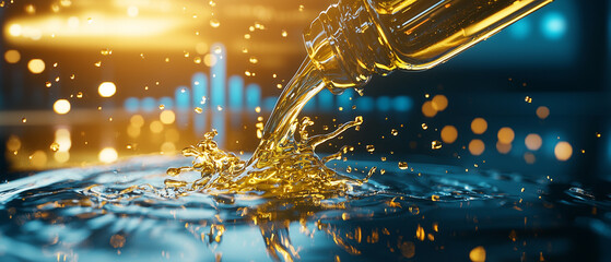 Close up of golden oil splashing from bottle with glowing economy graph in background, symbolizing energy, finance, and market dynamics