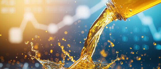 Close up of golden oil splashing from bottle with faint economy graph in background, symbolizing energy markets and financial trends