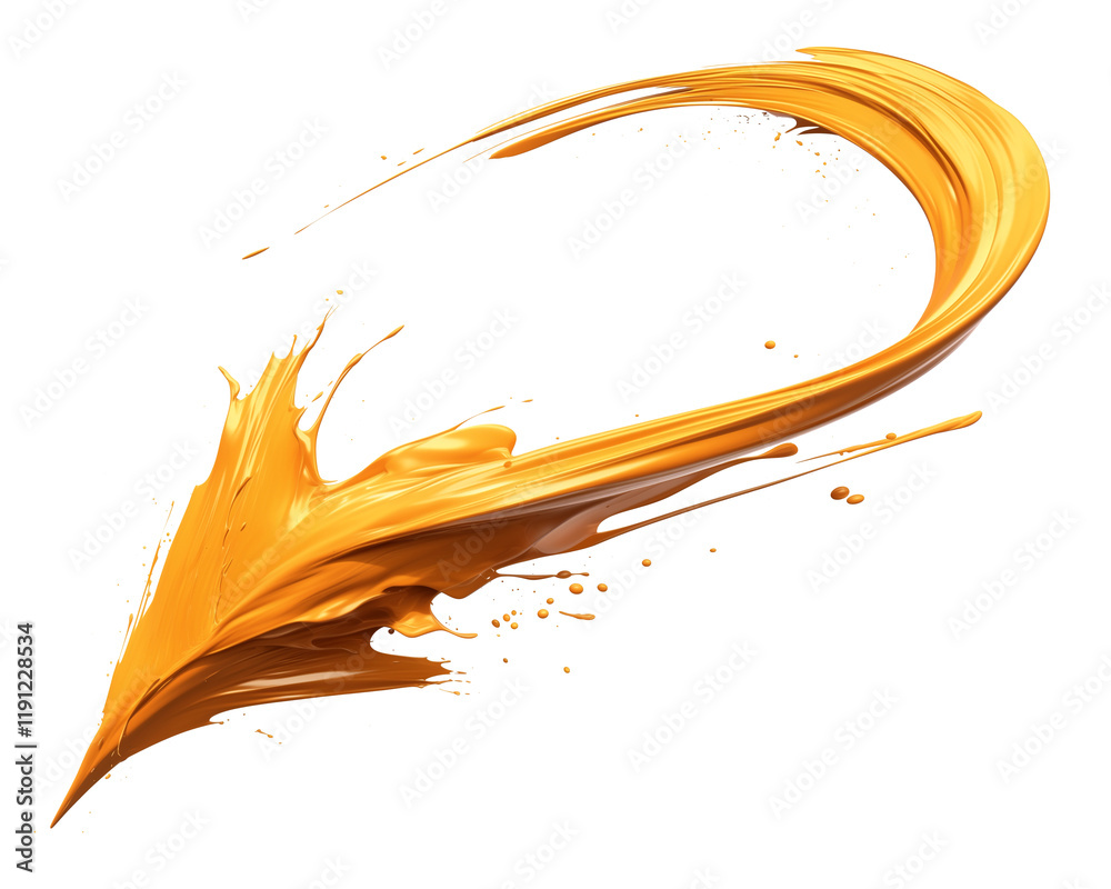 Poster curved arrow in golden yellow with smooth, flowing brushstroke design, featuring dynamic splashes an