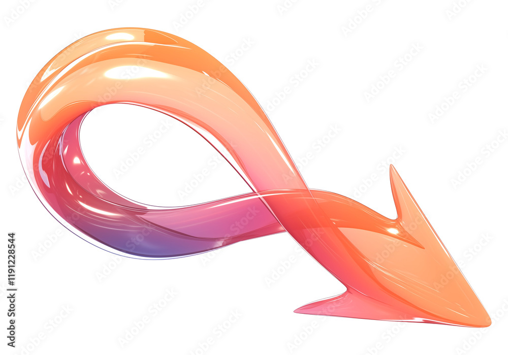 Fototapete smooth, curved arrow in glossy plastic design with gradient color transitioning from orange to pink, isolated on transparency background. dynamic shape conveys motion and direction