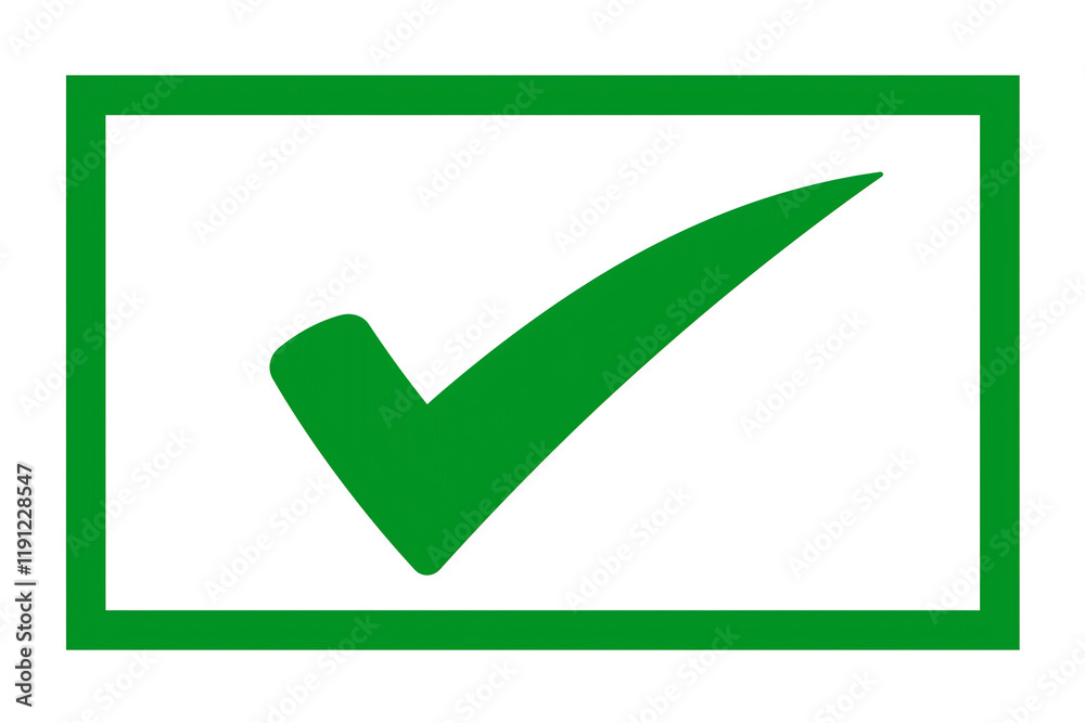 Poster dark green check mark with matte finish, enclosed in rectangular border, symbolizing approval, confi