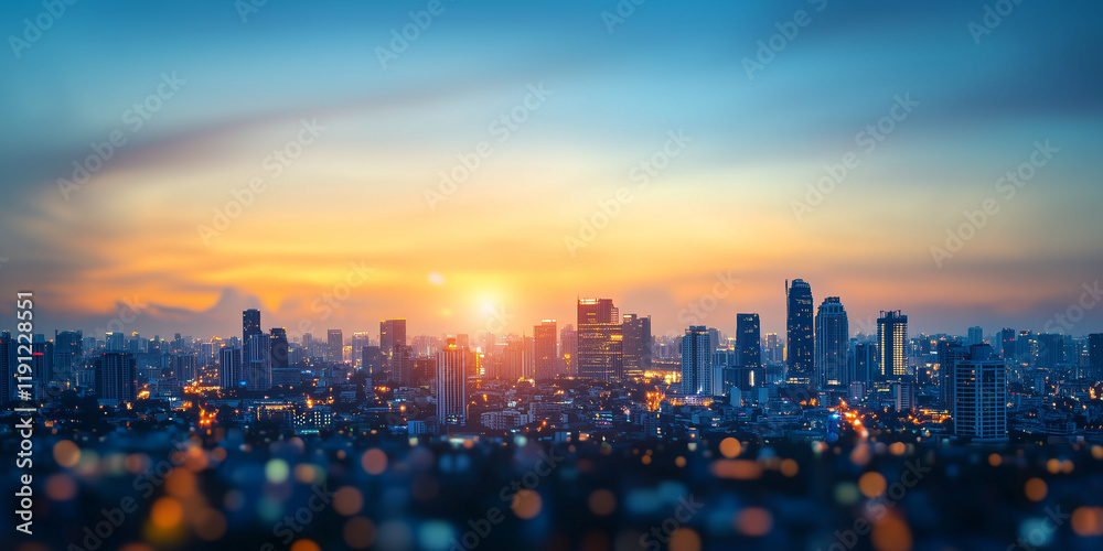 Poster vibrant city skyline at sunset with glowing lights and colorful sky, creating futuristic and dynamic