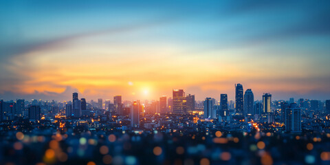 vibrant city skyline at sunset with glowing lights and colorful sky, creating futuristic and dynamic atmosphere. blurred foreground adds depth to urban scene