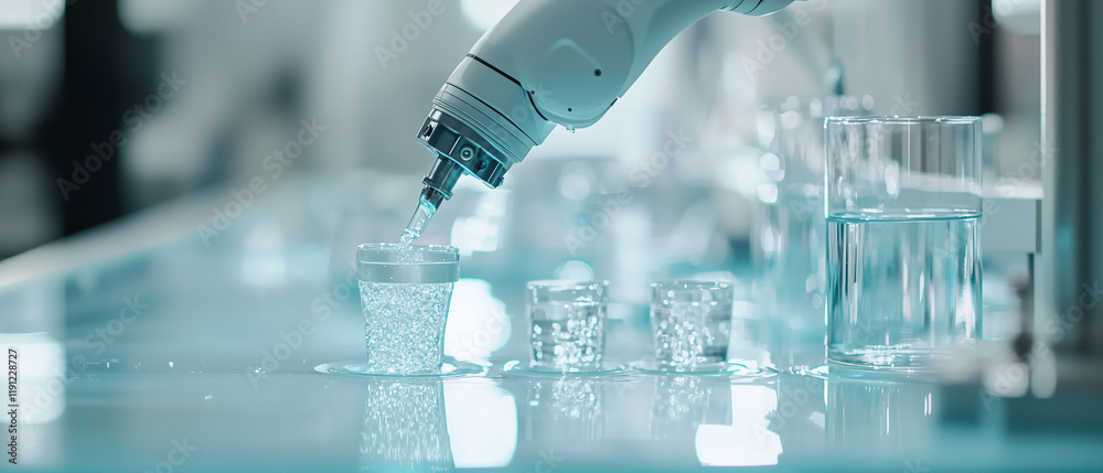 Poster robotic arm precisely pouring liquid into glass containers in laboratory setting, showcasing advance