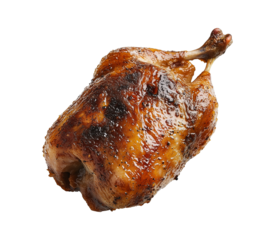 Golden brown roasted duck confit with crispy skin, isolated on transparency background, showcasing its rich texture and savory appeal