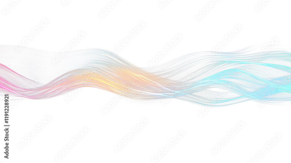 Poster dynamic, colorful wave of glowing fiber optic cables flows against transparency background, creating