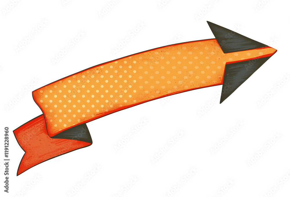 Poster Orange arrow with polka dot pattern and ribbon like design, isolated on transparency background, featuring vibrant and playful style