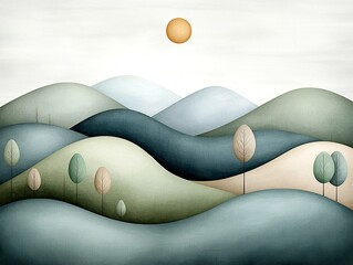 Obraz premium Serene and Minimalist Abstract Landscape with Undulating Curved Lines Soft Pastel Hues of Sage Taupe and Dusty Blue Tranquil Meditative Zen Inspired Aesthetic and Watercolor like Texture