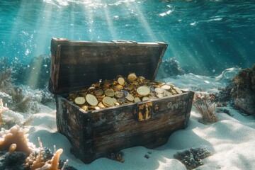 Underwater treasure chest with gold and jewels in sunlit ocean