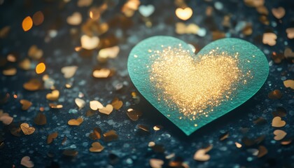 Obraz premium Glowing blue heart-shaped valentines card surrounded by sparkling gold confetti in a romantic atmosphere