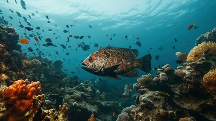 Obraz premium A large fish swims among coral and smaller fish