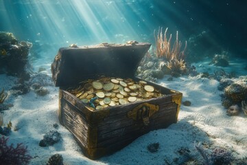 Underwater treasure chest with gold and jewels in sunlit ocean