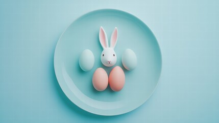 Obraz premium Pastel Easter Delight: A charming pastel-colored Easter bunny figurine sits amidst delicately colored eggs on a light blue plate, creating a delightful Easter scene.