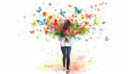 Obraz premium A girl holding flowers and butterflies, with her back to the camera