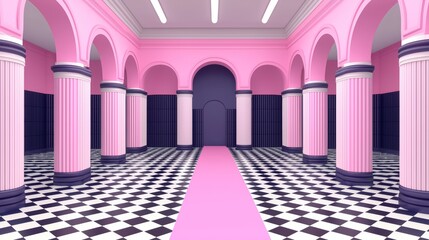 Fototapeta premium Virtual Art Gallery Interior Design with Pink Columns and Black Tiles