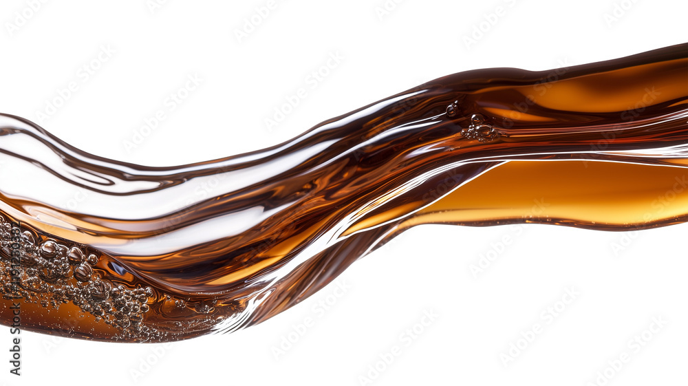 Poster close up view of dark brown liquid flowing dynamically with bubbles, showcasing its smooth texture and glossy surface. fluid motion creates sense of energy and elegance