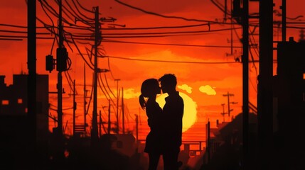 Silhouetted couple kissing during sunset in a quiet urban setting, evoking romance and tranquility.