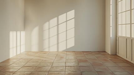 Obraz premium empty room with white walls and tiles, bathed in daylight and showcasing a play of shadows