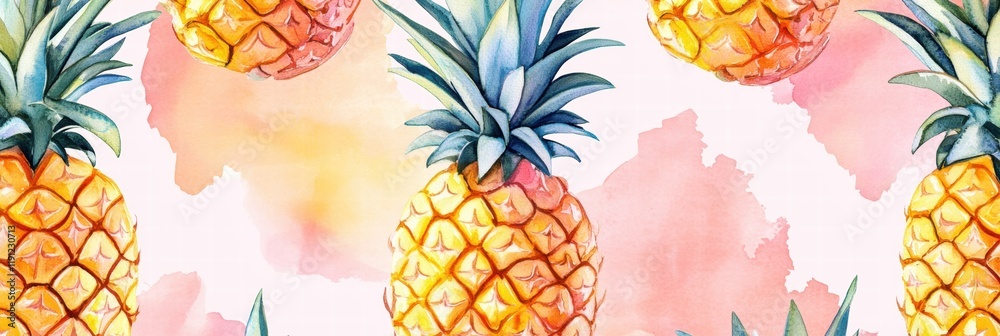 Leinwandbilder Delicate watercolor pattern featuring vibrant pineapples on a soft colorful background. Generative AI