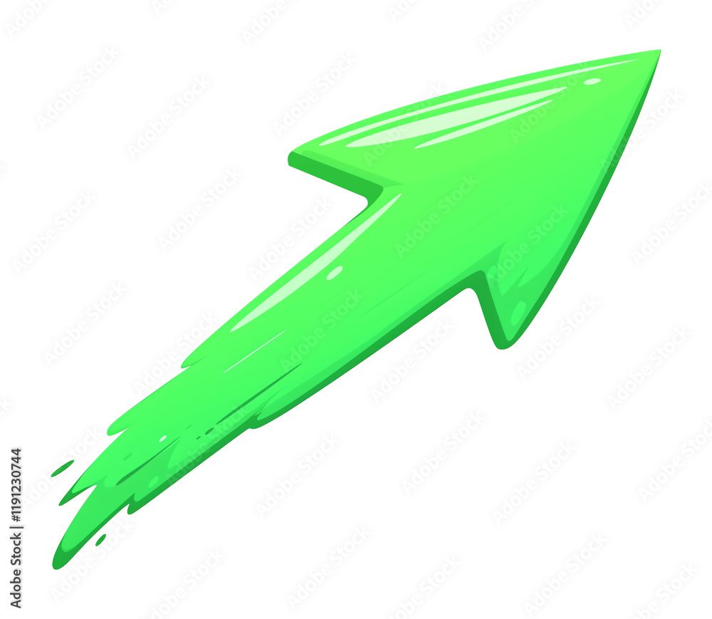 Poster vibrant green curved arrow with glossy metallic sheen and dynamic brushstroke effect, isolated on transparency background, symbolizing progress and upward movement