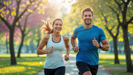 Fototapeta premium Couple Enjoying a Morning Run Through a Peaceful Park Surrounded by Nature