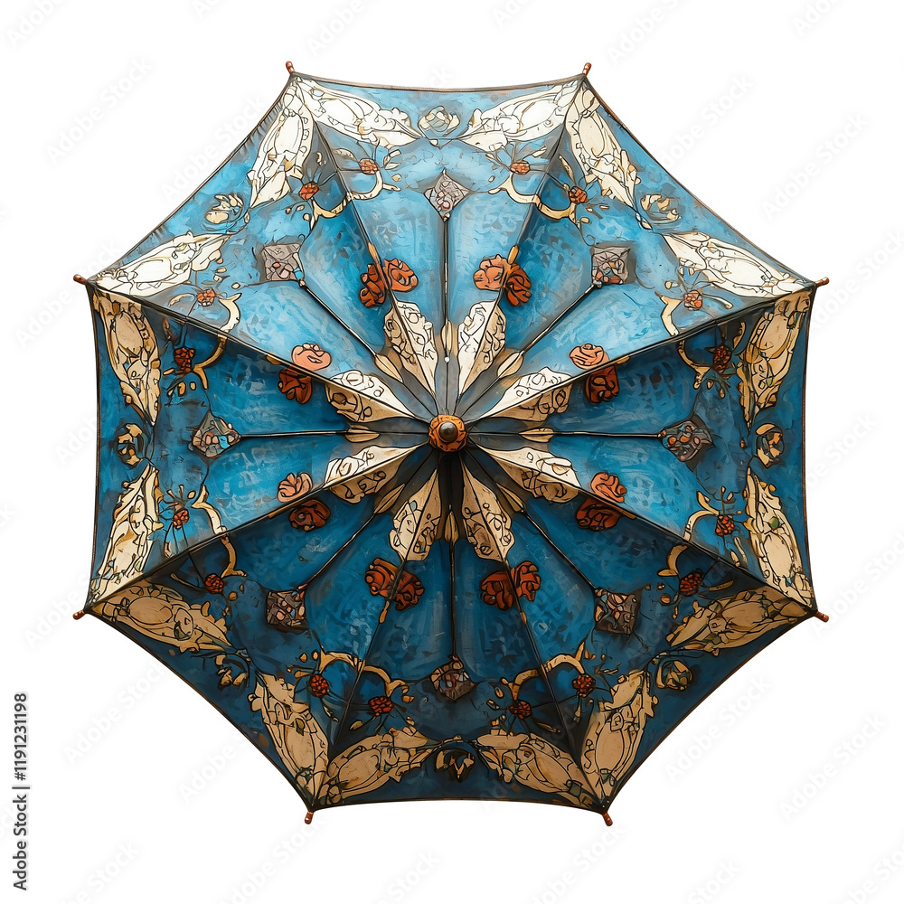 Poster Top view of multicolored umbrella with intricate floral and geometric patterns on transparency background, showcasing vibrant blue, orange, and beige tones