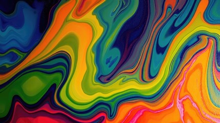 Abstract artwork electric-colored liquid paints gently blending in a slow, mesmerizing flow