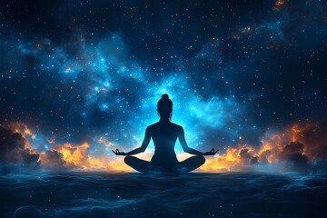A yoga pose silhouette glowing against a digital starry night, symbolizing calm and harmony