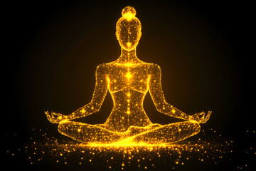 A yoga pose silhouette glowing against a digital starry night, symbolizing calm and harmony