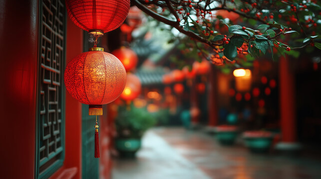Chinese temple illuminated by red lanterns during a tranquil evening in a historical setting - Powered by Adobe